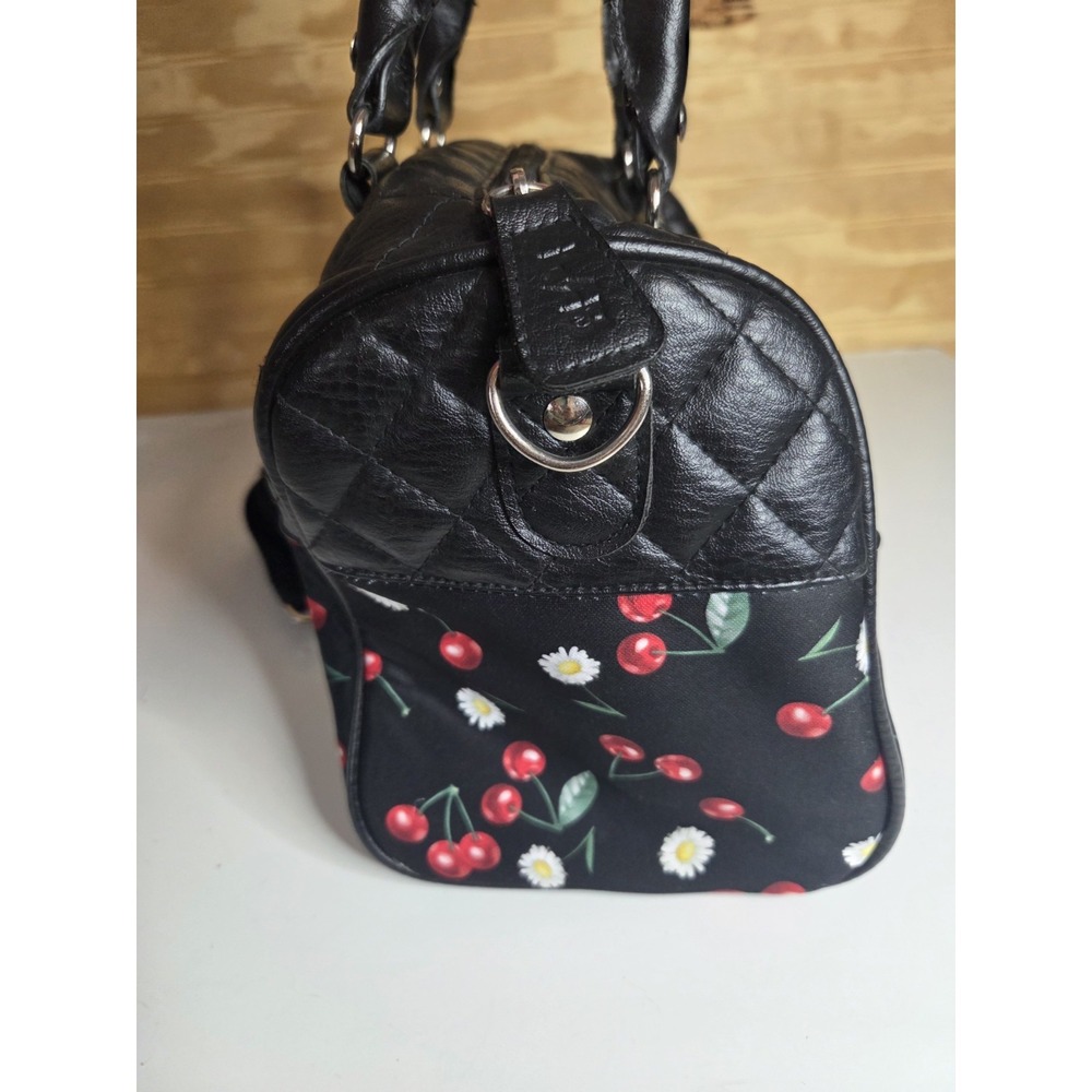 Liquorbrand Daisy Cherry Bowler Bag Quilted Satchel Duffel Shoulder Strap Black - Picture 6 of 9